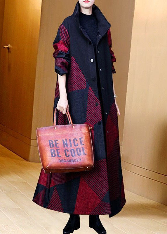 Women Red Oversized Striped Warm Fleece Wool Coat Outwear Spring