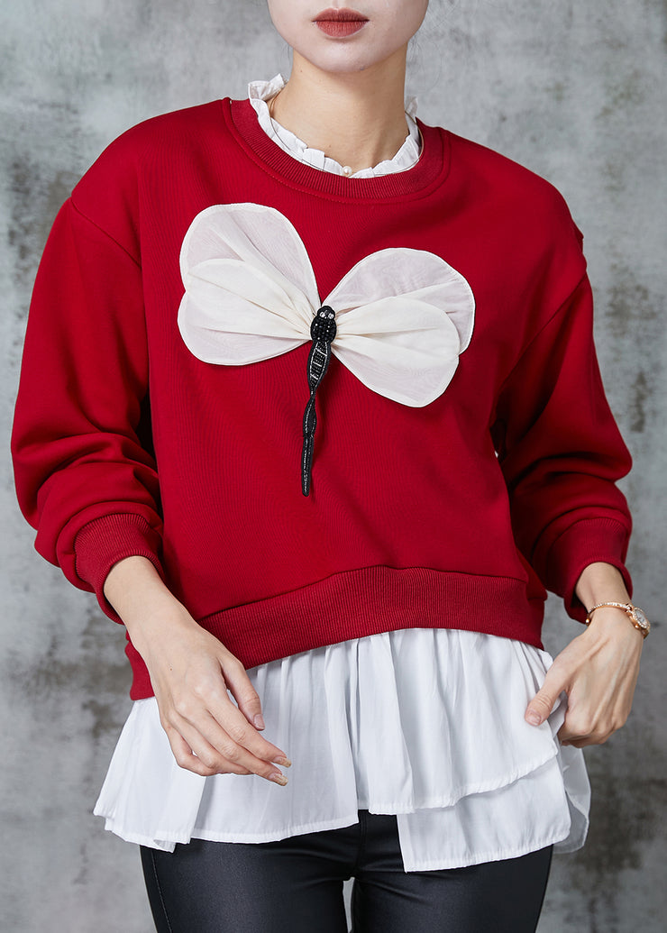 Women Red Patchwork Dragonfly Cotton Sweatshirts Top Spring