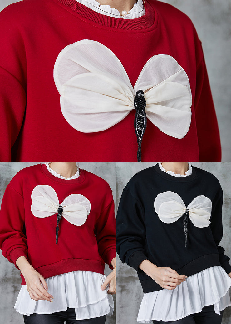 Women Red Patchwork Dragonfly Cotton Sweatshirts Top Spring