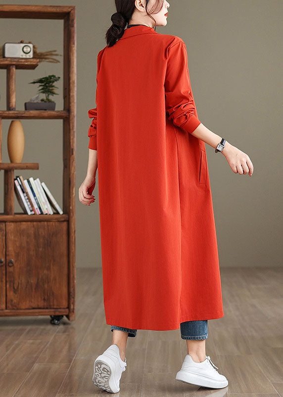 Women Red Peter Pan Collar Pockets Long Trench Coat Long Sleeve