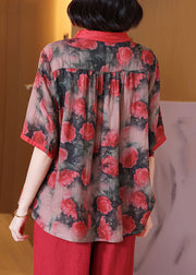 Women Red Peter Pan Collar Print Button Patchwork Linen Top Summer