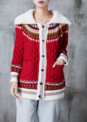 Women Red Peter Pan Collar Print Knit Cardigan Spring