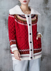 Women Red Peter Pan Collar Print Knit Cardigan Spring