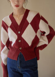 Women Red Plaid Button Patchwork Knit Sweaters Fall