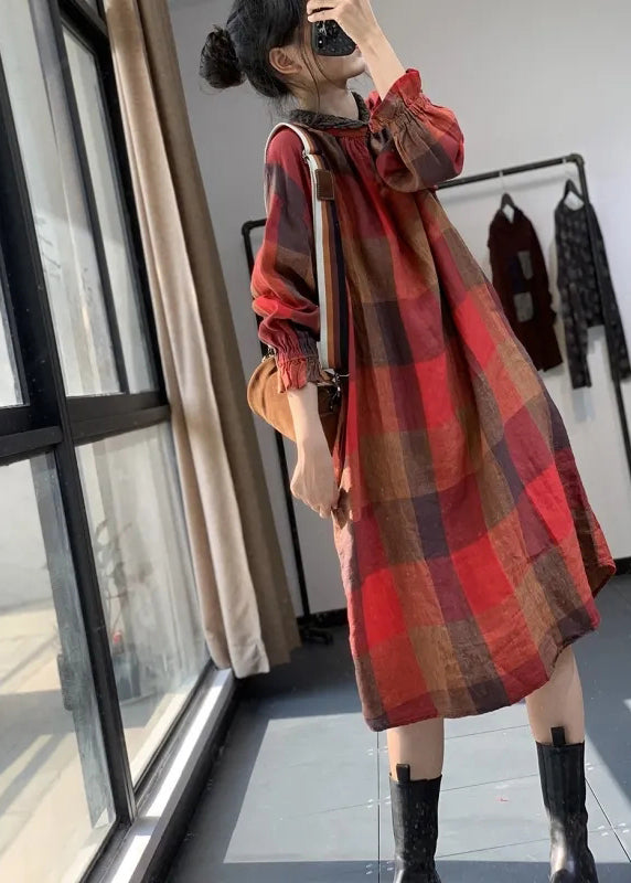 Women Red Plaid Patchwork Plus Size Cotton Dresses Fall