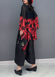 Women Red Print Asymmetrical Patchwork Chiffon Blouses Batwing Sleeve