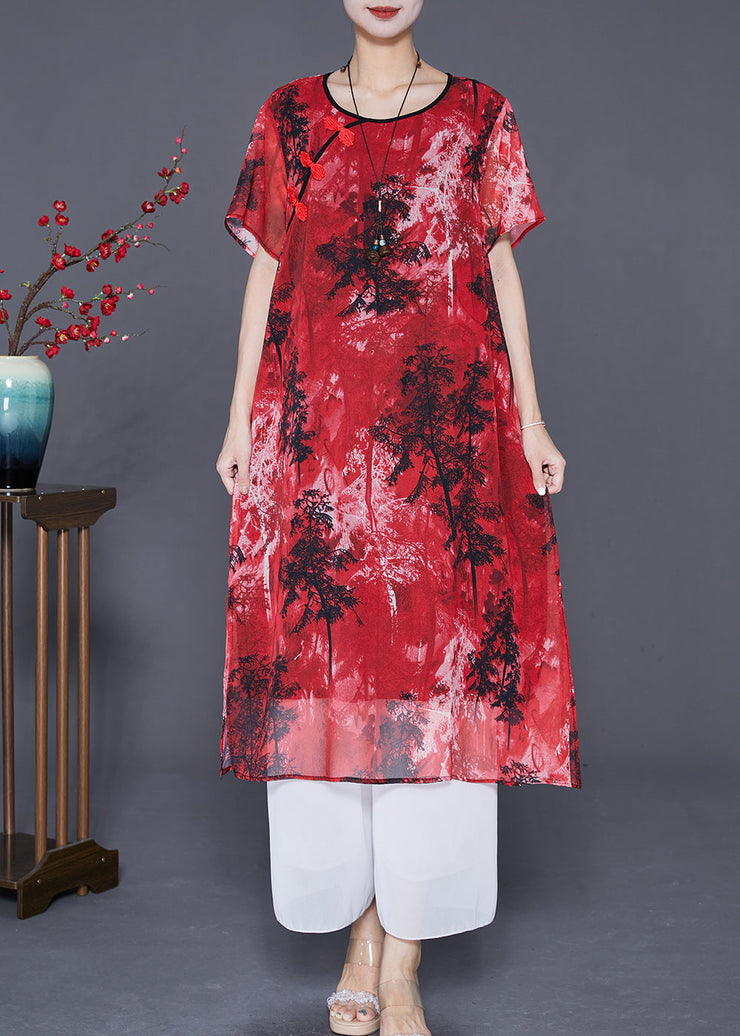 Women Red Print ChineseButton Chiffon Vacation Dresses Summer