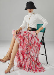 Women Red Print Low High Design Tulle Skirt Fall