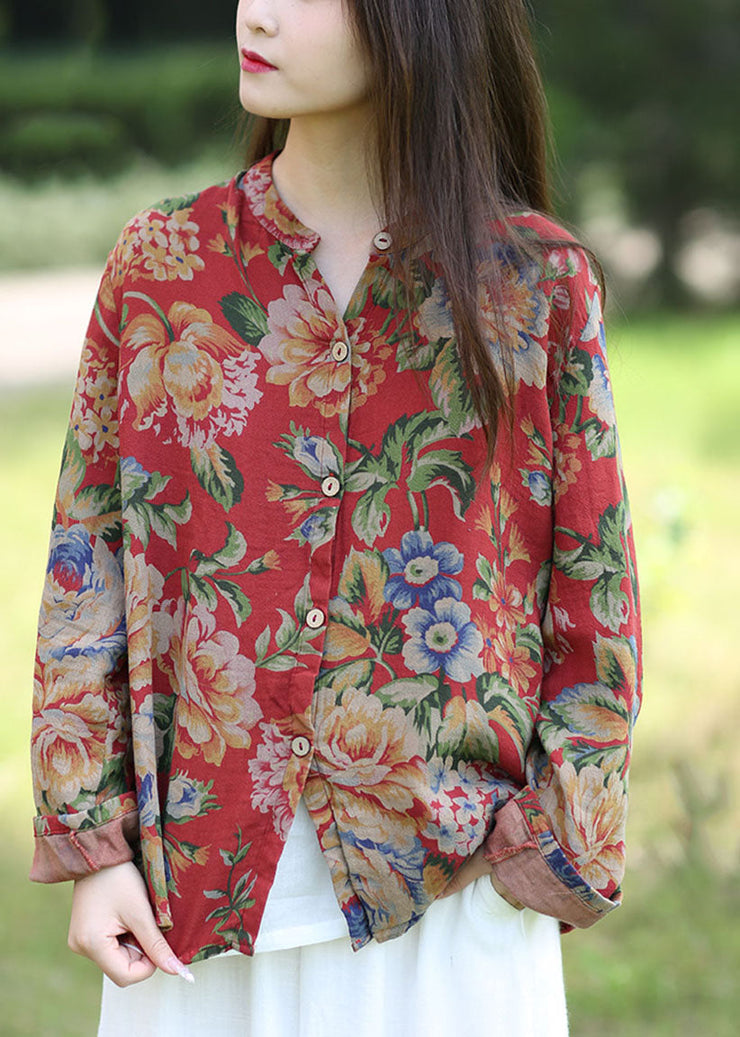 Women Red Print O-Neck Cotton Shirt Top Spring