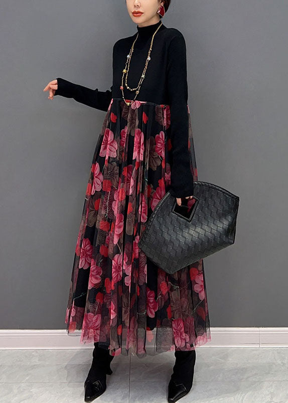 Women Red Print Stand Collar Patchwork Tulle Knit Long Dress Spring