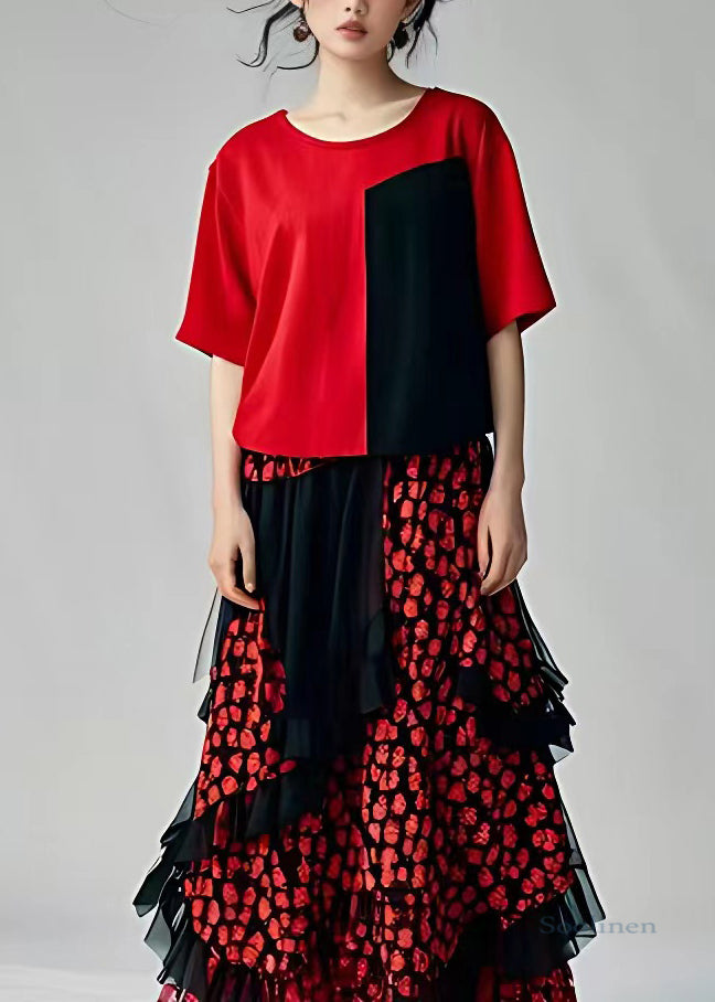 Women Red Print Tulle Holiday Tulle Long Dress Short Sleeve