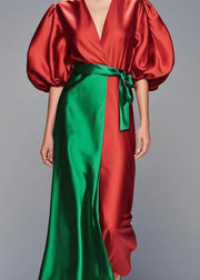 Women Red Puff Sleeve Patchwork Silk Robe Dresses