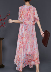 Women Red Ruffled Tie Dye Chiffon Robe Dresses Summer