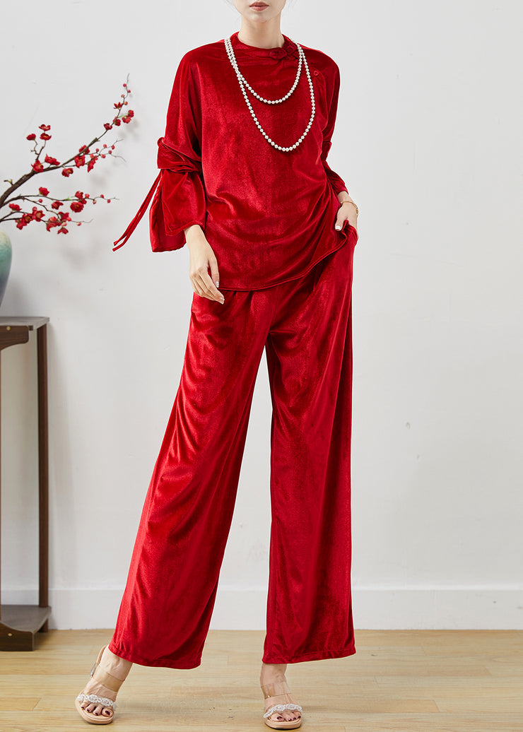 Women Red Side Open Silk Velvet Two Piece Set Women Clothing Fall