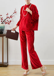 Women Red Side Open Silk Velvet Two Piece Set Women Clothing Fall