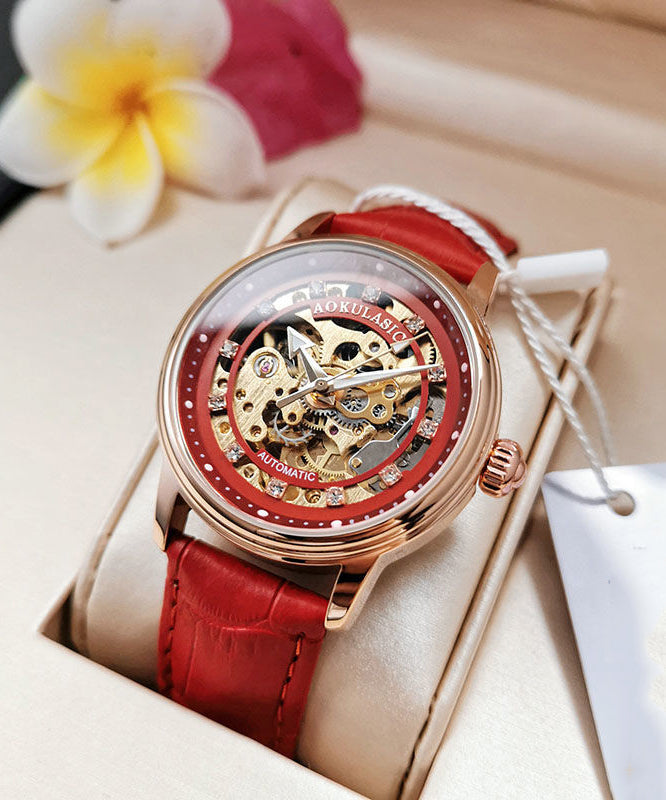 Women Red Stainless Steel Sapphire Crystal Patchwork Dermis Zircon Hollowed Out Watch