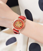 Women Red Stainless Steel Sapphire Crystal Patchwork Dermis Zircon Hollowed Out Watch