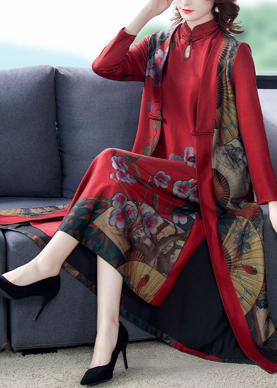 Women Red Stand Collar Chinese Button Silk Chinese Style Two Pieces Set Spring