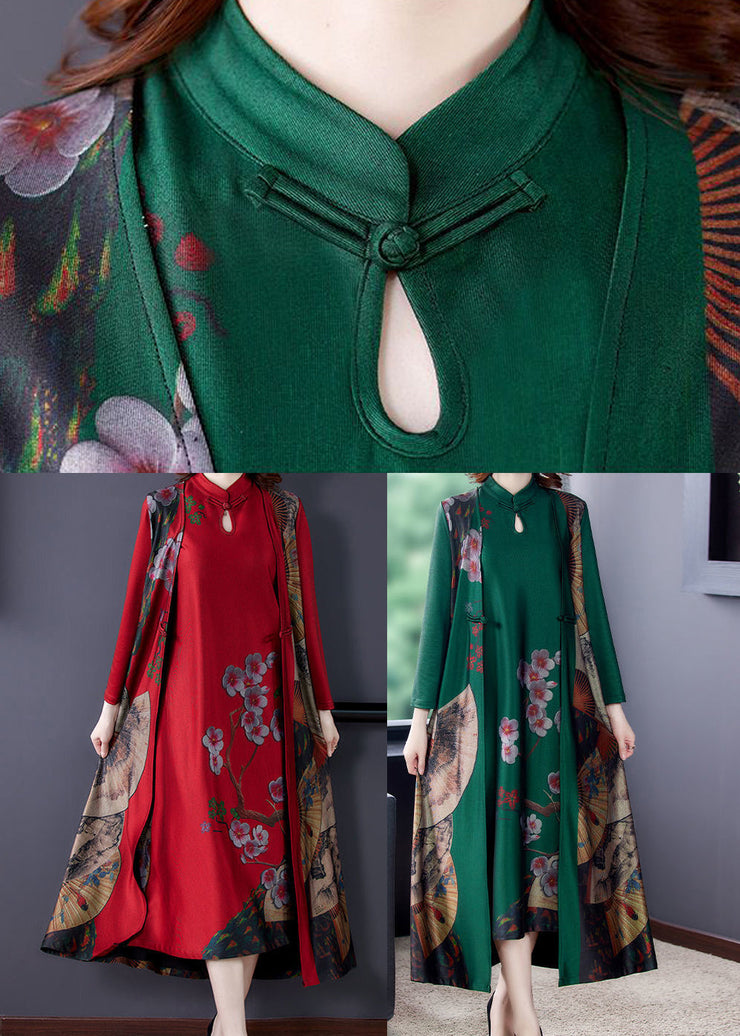 Women Red Stand Collar Chinese Button Silk Chinese Style Two Pieces Set Spring