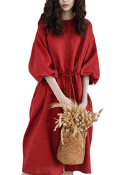 Women Red Stand Collar Drawstring Patchwork Linen Dresses Summer