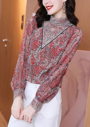 Women Red Stand Collar Embroideried Print Chiffon Top Lantern Sleeve