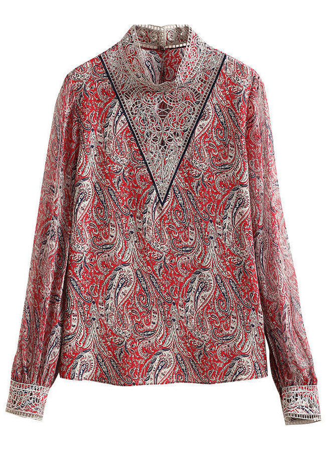 Women Red Stand Collar Embroideried Print Chiffon Top Lantern Sleeve