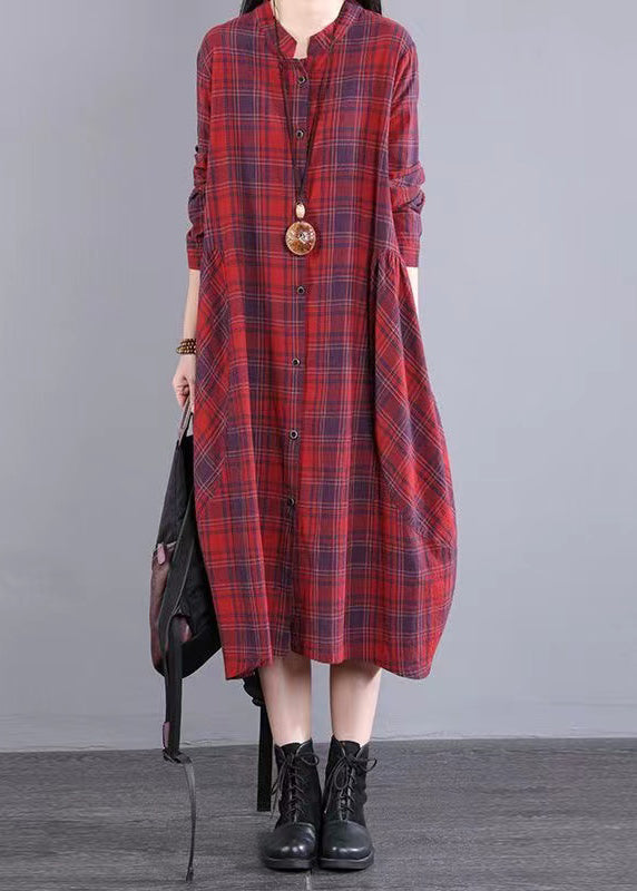 Women Red Stand Collar Plaid Cotton Shirts Dresses Fall