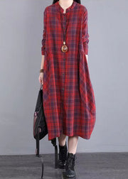 Women Red Stand Collar Plaid Cotton Shirts Dresses Fall