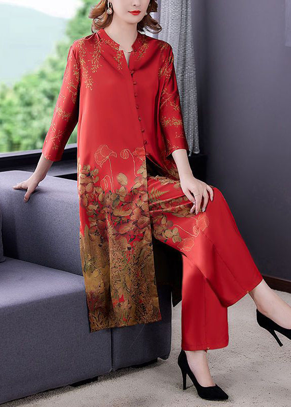 Women Red Stand Collar Print Draping Silk Two Pieces Set Summer