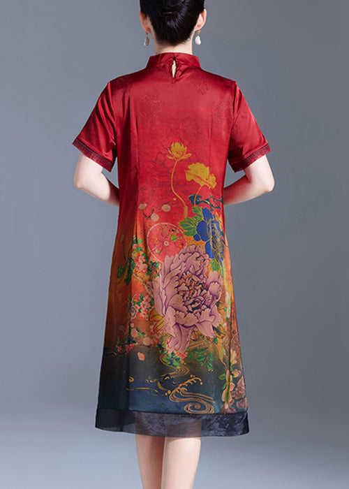 Women Red Stand Collar Print Silk Dress Short Sleeve