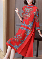 Women Red Stand Collar Wrinkled Print Silk Long Dresses Vestidos Bracelet Sleeve