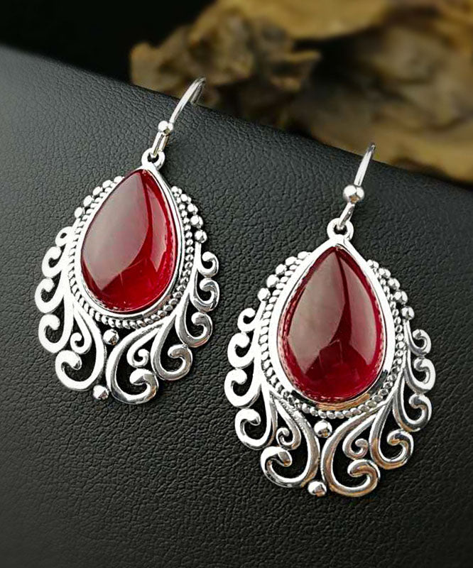 Women Red Sterling Silver Hollow Out Jade Water Drop Drop Earrings