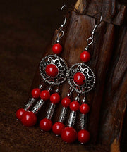 Women Red Stone Tibetan style Silver Drop Earrings