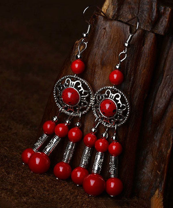 Women Red Stone Tibetan style Silver Drop Earrings