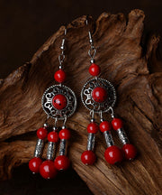 Women Red Stone Tibetan style Silver Drop Earrings