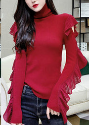 Women Red Turtleneck Ruffled Patchwork Knit Tops Long Sleeve