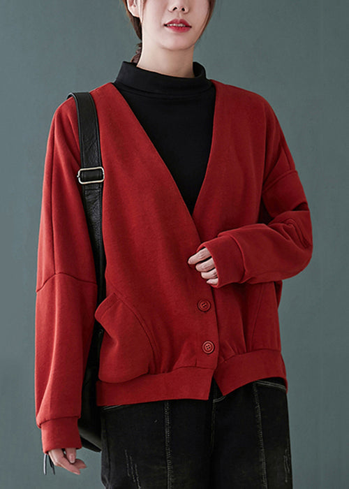 Women Red V Neck Button Pockets Patchwork Cotton Coats Fall