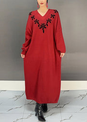 Women Red V Neck Embroidered Knit Sweater Dress Fall