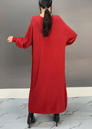 Women Red V Neck Embroidered Knit Sweater Dress Fall