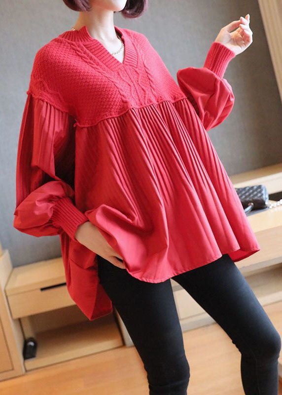 Women Red V Neck Patchwork Knit Tops Spring