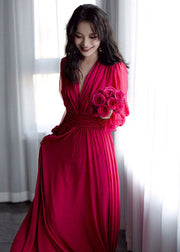 Women Red V Neck Patchwork Slim Silk Maxi Dresses Fall