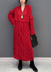 Women Red V Neck Patchwork Tassel Knit Loose Sweater Dress Winter