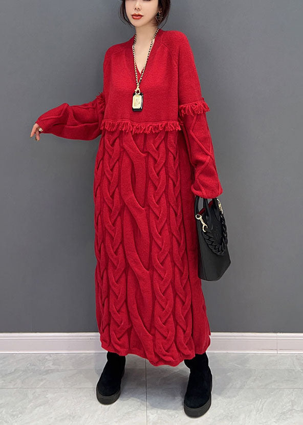 Women Red V Neck Patchwork Tassel Knit Loose Sweater Dress Winter