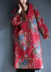 Women Red V Neck Print Warm Fleece Long Cotton Parka Winter