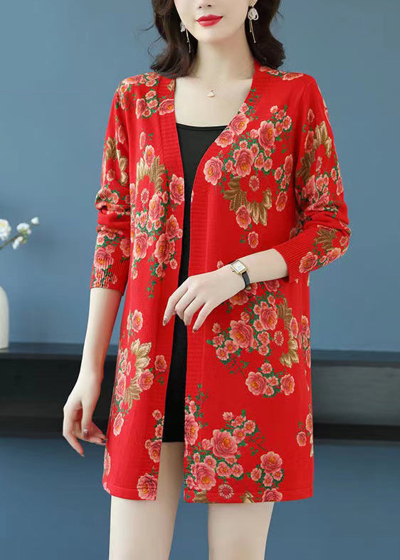 Women Red V Neck Print Wool Knit Cardigan Long Sleeve