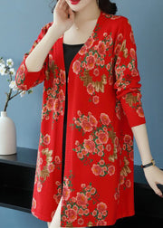 Women Red V Neck Print Wool Knit Cardigan Long Sleeve