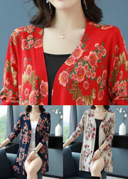 Women Red V Neck Print Wool Knit Cardigan Long Sleeve