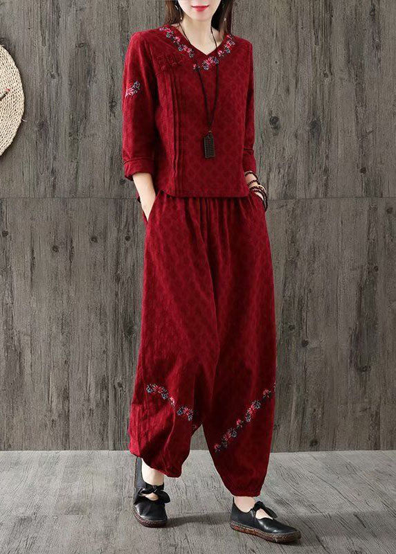 Women Red V Neck Wrinkled Embroideried Cotton Two Piece Set Spring