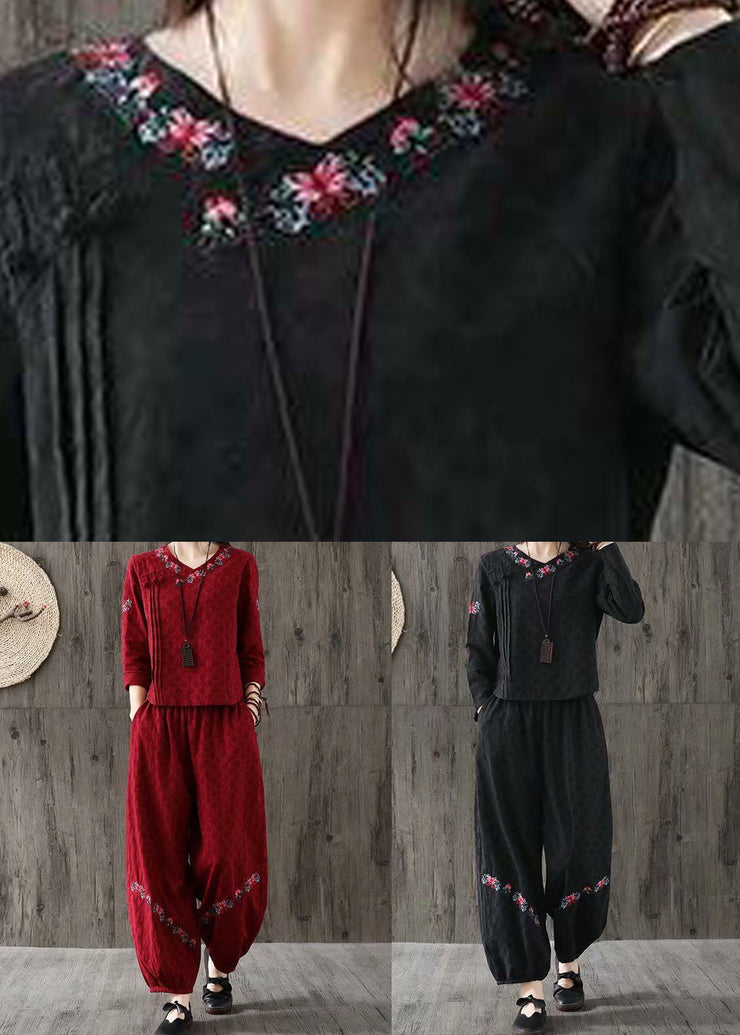 Women Red V Neck Wrinkled Embroideried Cotton Two Piece Set Spring