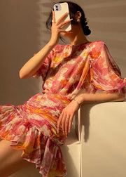 Women Red Wrinkled Print Chiffon Tops And Wraped Skirts Sets Two Pieces Summer